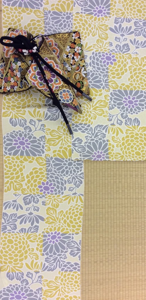 小紋　黄色市松花柄、袋帯